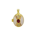 Detailed macro of oval locket with red gemstone and white enamel in 18K gold finish - White Enamel Ruby Style (DN251238-A) Pendant Only (Without Chain)