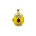 Macro detail of 18K gold-plated oval locket with yellow enamel and red center stone - Yellow Enamel Ruby Style (DN251238-B) Pendant Only (Without Chain)