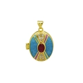 Close-up of 18K gold plated oval locket with red zircon and blue enamel details - Light Blue Enamel Ruby Style (DN251238-D) Pendant Only (Without Chain)