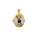 Macro shot of 18K gold plated oval locket with blue gemstone and colorful enamel details - Dark Blue Enamel Sapphire Style (DN251238-E) Pendant Only (Without Chain)