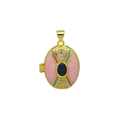 Detailed macro view of 18K gold-plated oval locket featuring blue stone and enamel inlay - Pink Textured Enamel Sapphire Style (DN251238-G) Pendant Only (Without Chain)