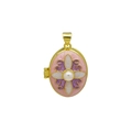 Detailopname van gouden bloemenmedaillon met emaille details en parelinleg - Roze Paars Emaille Bloemen (DN251239-F) Hanger Zonder Ketting