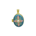 Detail van een ovale gouden medaillon met blauw bloemenemail en parelmoer accent - Donkerblauw Emaille Bloemen (DN251239-I) Hanger Zonder Ketting