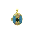 Detail view of 18K gold plated vintage oval locket with colorful enamel and zircon stones - Blue Enamel Emerald Style (DN251238-L) Pendant Only (Without Chain)