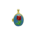 Oval 18K gold plated locket necklace with red tulip enamel flower and blue textured background - Blue Background Red Tulip Oval Locket Pendant Only (Without Chain) (DN251242-A)
