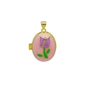 Detail of oval 18K gold-plated locket with a purple tulip enamel design and side hinge - Pink Background Purple Tulip Oval Locket Pendant Only (Without Chain) (DN251242-B)