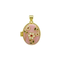 Primer plano del relicario ovalado de esmalte rosa con flores y marco de oro de 18 quilates - Fondo Rosa Tres Flores Blancas Relicario Ovalado Solo (Sin Cadena) (DN251242-G)