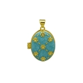 Detalle de un relicario ovalado de esmalte azul con relieve de flores en oro de 18 quilates - Esmalte Azul Claro Flor Dorada Relicario Ovalado Solo (Sin Cadena) (DN251242-M)