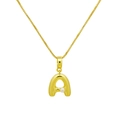 Detailed view of polished gold letter A pendant featuring an inlaid white pearl on a box chain - DN240616-A Pendant Only (Without Chain)