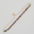 Detail of colorful rectangular beads and adjustable woven cord on Bohemian style bracelet - Gold Purple Blue Grey