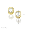 Detailed size specifications for gold pearl earrings with rectangle zircon studs - Rectangular Stone Pearl Drop (DE240612-A)
