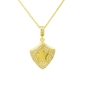 Detailed close-up of a gold shield pendant necklace with a star and sparkling cubic zirconia - Pentagram Style (DN240706-B)
