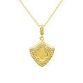 Detailed view of gold shield pendant featuring a 4-leaf clover and pavé cubic zirconia - 3D Four Leaf Clover Style (DN240706-D)
