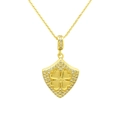 Detailed macro view of the gold shield pendant with clover design and pave zircons - Four Leaf Clover Starburst Style (DN240706-E)