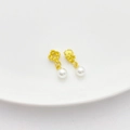 Golden flower pendant earrings with hanging white round pearls on white ceramic plate - Small Flower Shell Pearl Pendant / 7*20mm