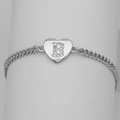 Detail of cubic zirconia heart pendant with letter B on silver Cuban chain bracelet - Silver Letter B