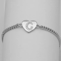 Detail of silver heart charm with cubic zirconia letter G on a Cuban link bracelet - Silver Letter G
