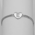 Close-up of heart charm bracelet with crystal paved letter E on a silver Cuban chain - Silver Letter E