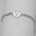 Detail of silver heart charm with cubic zirconia V letter on a Cuban link chain bracelet - Silver Letter V