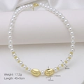 Macro detail of 8mm pearl necklace with golden irregular beads and lobster clasp closure - Gold Irregular Bead Pearl Necklace (DN241215-C) / 45+5cm