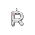 Detailopname van een zilveren letter R hanger met een roze boze oog bedeltje en glans - Letter R (DN241213-R) Hanger Zonder Ketting