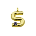 Detail of golden puffy letter S pendant featuring a blue evil eye charm and polished finish - Letter S Pendant Only (Without Chain) (DN241212-S)