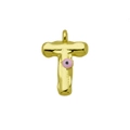 Detailed view of golden letter T pendant with a pink evil eye accent and polished finish - Letter T Pendant Only (Without Chain) (DN241212-T)