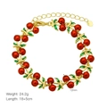 Close-up of golden cherry bracelet with red enamel fruit charms and size dimensions - Red Enamel Cherry Style (DB250503-A)