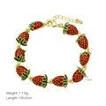 Detailed view of adjustable strawberry charm bracelet with red enamel and golden leaf - Spotted Strawberry Style (DB250503-E)