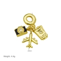 Travel charms detail featuring a gold airplane, camera with zircon, and passport pendant - Travel Camera Airplane Passport Style (DB250514-C)