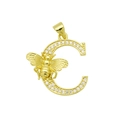 Detail of gold letter C pendant with sparkling zircons and a small honey bee decoration - Letter C Style (DN250616-C) (Pendant Only (Without Chain))