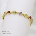 Macro detail of gold-plated flower bracelet with multi-color gemstones and beaded edges - Multi-color Oval Gemstone Style (DB250805-D)