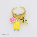 Detailed macro of gold ring featuring enamel flower, suitcase and palm tree charms - Adjustable Open / Flower Suitcase Palm Tree Theme (DR250905-D)