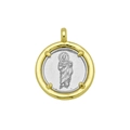 Gros plan détaillé d'un pendentif religieux bicolore avec un cadre en or poli brillant - Relief de Saint Debout (DN251013-A) (Pendentif Seul (Sans Chaîne))