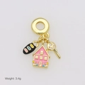 Detail of gold charms featuring pink enamel house, key, and striped bead on a ring - Little House & Key Set (DB251007-F) Pendant Only (Without Chain)