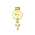 Détail macro d'un pendentif cœur doré avec une croix en relief et un petit charme suspendu - Pendentif Plaque Ronde Croix Classique Seul (Sans Chaîne) (DN251101-C)