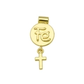Détail du pendentif doré avec lettre Fe gravée et petite croix en métal brillant - Pendentif Lettre Fe Foi Seul (Sans Chaîne) (DN251101-G)