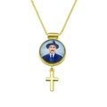 Detail of 18K gold plated necklace with round portrait frame and religious cross pendant - Jose Gregorio Hernandez Cross (DN251121-Q)