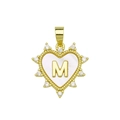 Golden heart pendant with white shell inlay, letter M and crystals on a white background - Gold, Letter M Only (Without Chain)