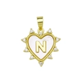 Golden heart pendant with letter N, white shell inlay and sparkling crystals - Gold, Letter N Only (Without Chain)