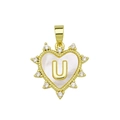 Golden heart pendant with shell inlay, letter U engraving, and sparkling crystal border - Gold, Letter U Only (Without Chain)