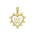 Golden heart pendant with white shell inlay, letter W and sparkling micro-inlaid stones - Gold, Letter W Only (Without Chain)