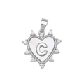 Silver heart pendant with micro-pave crystals and letter C seashell detail - Silver, Letter C Only (Without Chain)