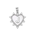 Silver heart pendant with white shell inlay, sparkling zircon borders and a letter J - Silver, Letter J Only (Without Chain)
