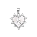 Micro-set heart pendant necklace with shell S-letter charm and white cubic zirconia - Silver, Letter S Only (Without Chain)