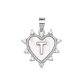 Silver heart pendant with iridescent white shell and sparkling micro-pave letter T - Silver, Letter T Only (Without Chain)