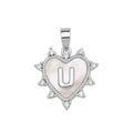Silver heart pendant necklace with shell inlay and micro-paved letter U charm - Silver, Letter U Only (Without Chain)