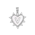Elegant heart-shaped shell pendant with silver metal letter V and sparkling crystals - Silver, Letter V Only (Without Chain)