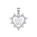 Silver heart pendant with micro-paved crystals and white shell letter W detail - Silver, Letter W Only (Without Chain)