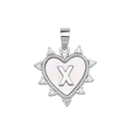Silver heart pendant necklace featuring shell inlay and micro-pave crystal letter X - Silver, Letter X Only (Without Chain)